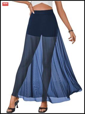 Sheer Mesh Maxi Skirt High Waisted A-Line Flowy See Through Long Skirt Clubwear
